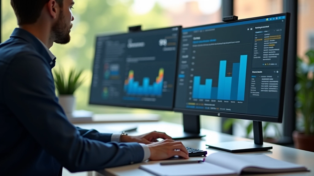 Person at desk working with multiple computer screens showing analytics and performance metrics