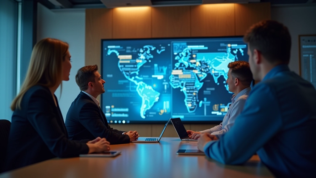 Team meeting with people reviewing data and insights on a large screen together